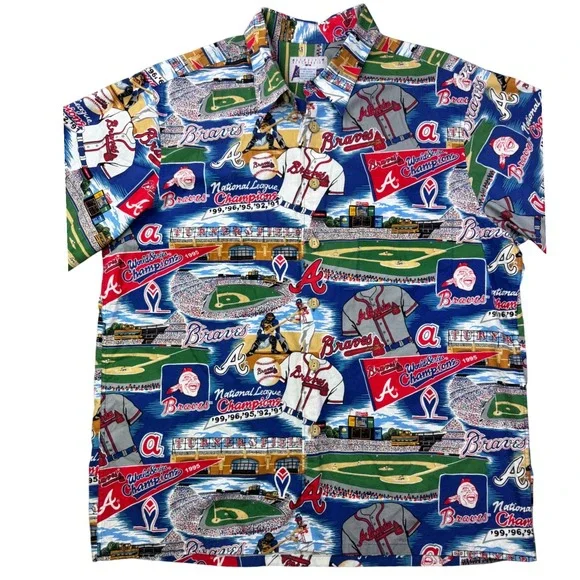 Reyn Spooner Vintage Hawaiian Atlanta Braves MLB Baseball Button Up Shirt Large - Picture 3 of 8